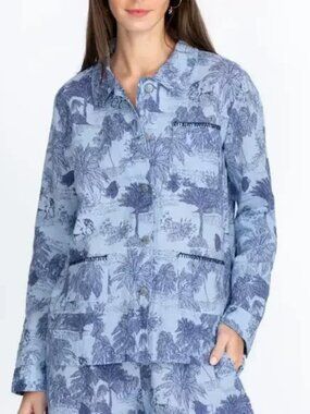 Johnny Was Amichi Worker Jacket Lightweight Blue Print Linen Cotton XL NWT